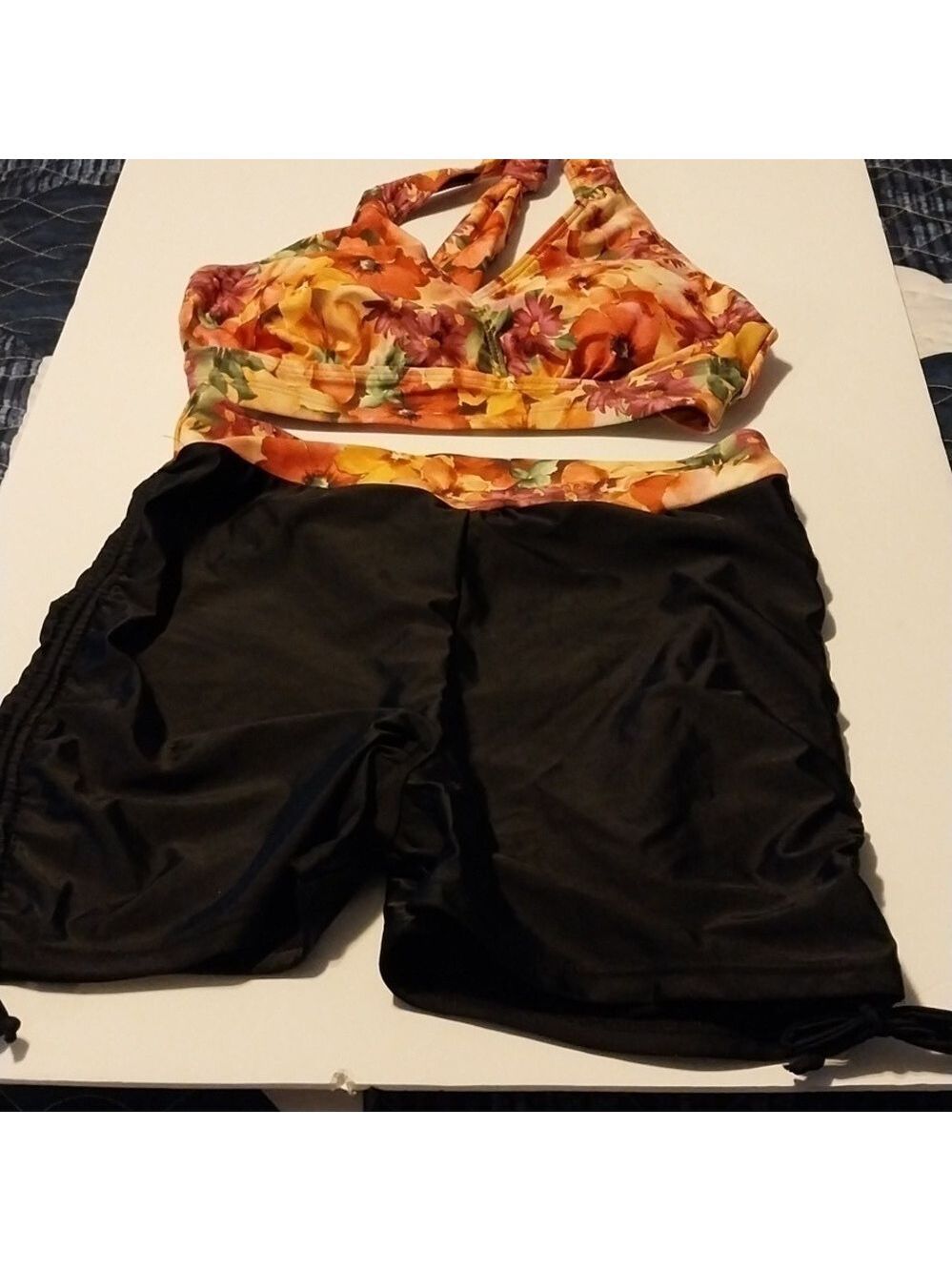 JASAMBAC Women’s Halter Top Drawstring Ruched Boyleg Swimsuit NWT Size M